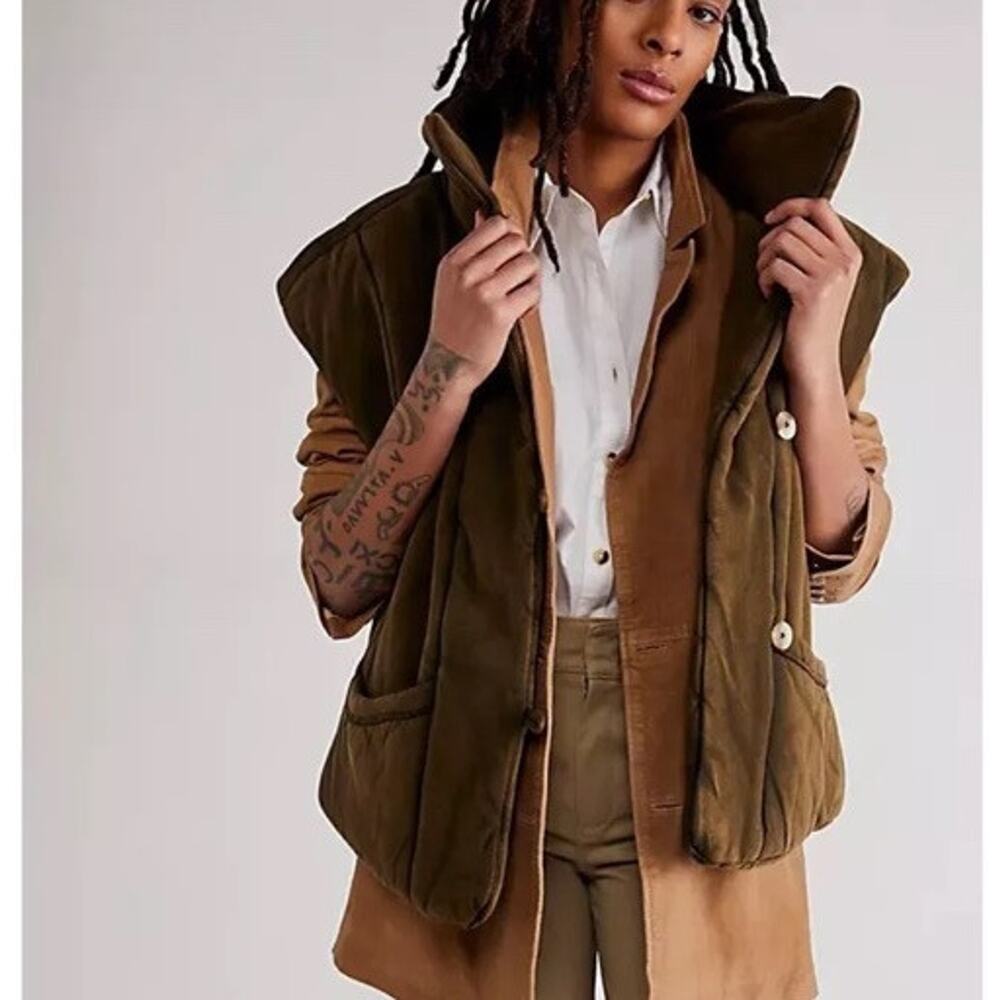 Free People Women Roll With Us Puffer Vest M Moss Green Quilted Oversized Boho